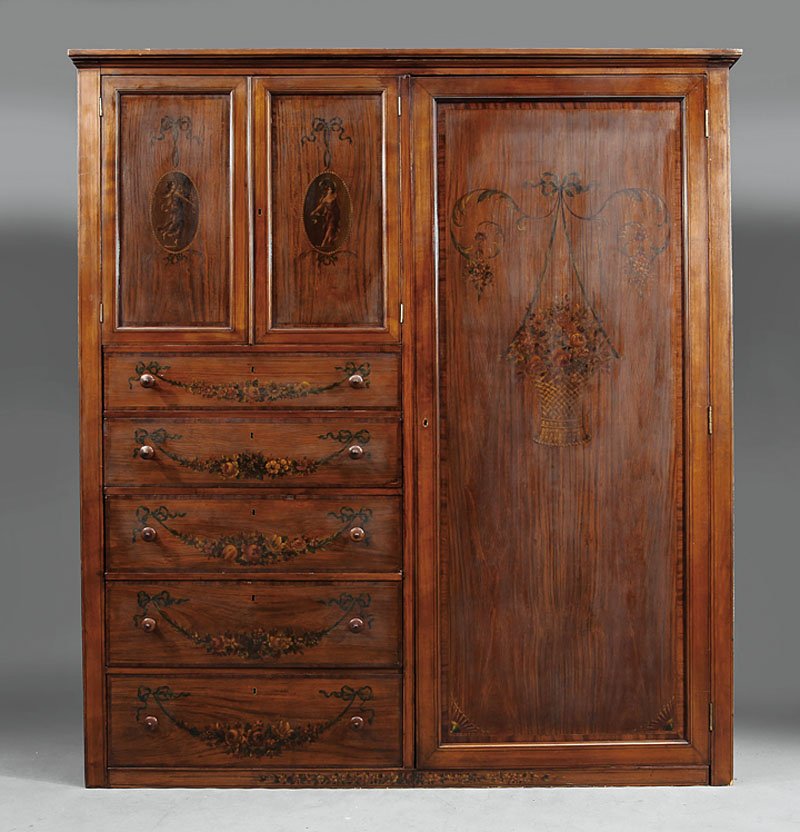An Edwardian Inlaid Mahogany and Paint-Decorated: An Edwardian Inlaid Mahogany and Paint-Decorated Compactum in the Adam Taste, early 20th c., pair of doors over five graduated drawers flanked by a long door, molded base, floral swags, beribboned res