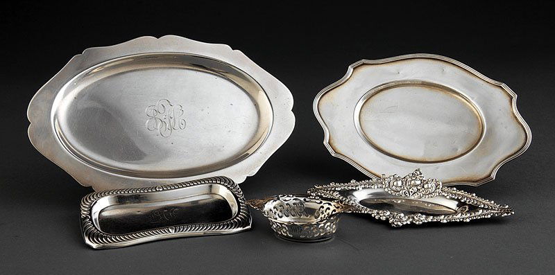 A Group of and Vintage Gorham Sterling Si: A Group of Antique and Vintage Gorham Sterling Silver Objects, including a pin tray, 1888, another pin tray, a shaped tray and a nut dish; together with a Frank Smith shaped oval tray, lengths 3 3/4 i