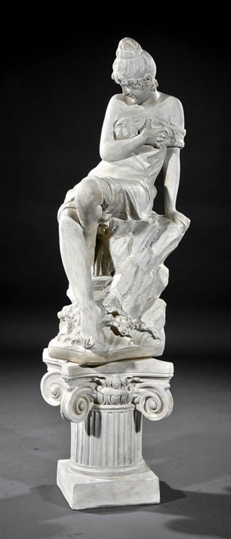 A Plaster Figure of a Seated Bather: A Plaster Figure of a Seated Bather, mid-20th c., seated on rockwork atop a columnar base, figure height 41 1/2 in., overall height 60 in