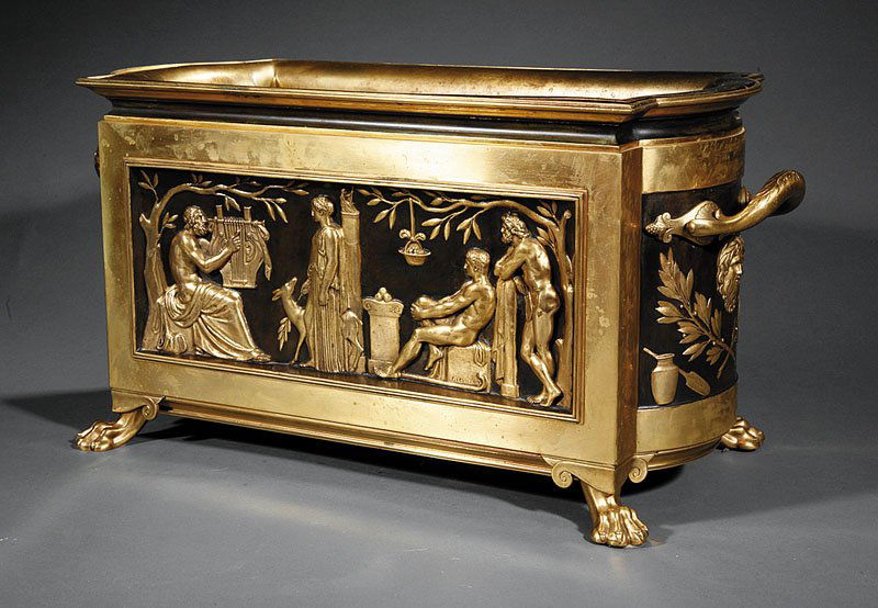 Gilt and Patinated-Bronze Jardiniere, Barbedienne: A French Neo-Grec Gilt and Patinated-Bronze Jardiniere, late 19th c., Ferdinand Barbedienne, Paris, marked, front and back decorated in relief with classical scenes after Ferdinand Levillain (1837-190