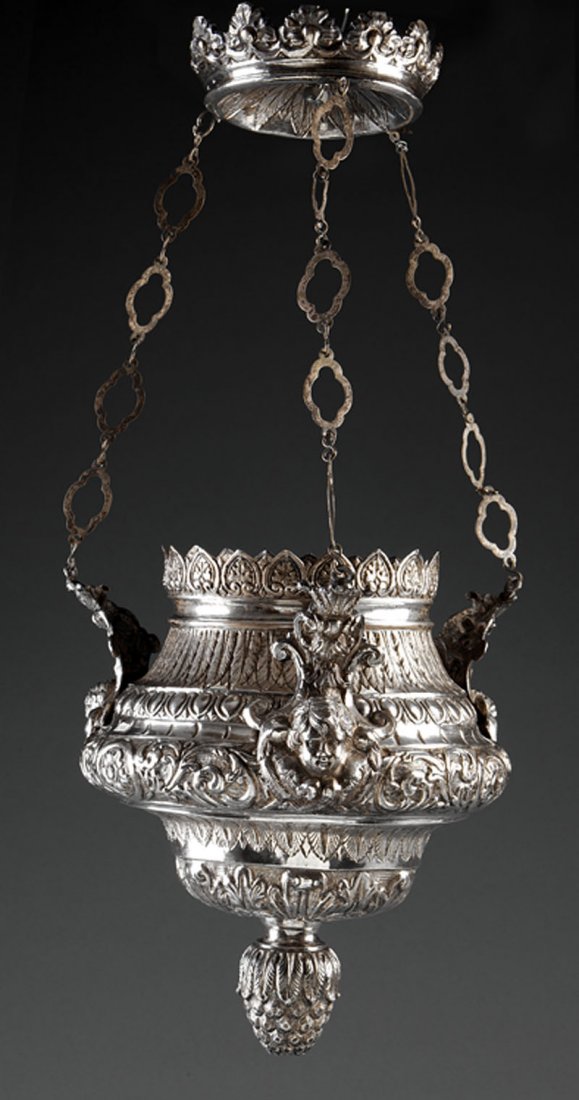 Continental Silver Sanctuary Lamp: A Continental Silver Sanctuary Lamp, marked "M800", engraved "DONO A MARIA S.S. DEL MONTE/ DI NICCIANO DA GIUSEPPE PISANI/ DI FRANCESCO ANNO 1720", repousse urn-shaped font suspended by three silver c