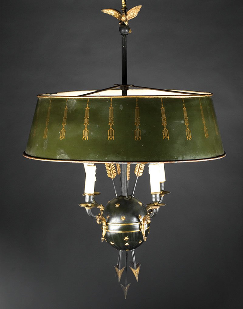 French Empire Gilt Bronze, Tole Peinte Chandelier: A French Empire Gilt Bronze and Tole Peinte Chandelier, 19th c., eagle finial, spherule body pierced by three arrows, issuing four arms, height 36 in., diameter 24 in
