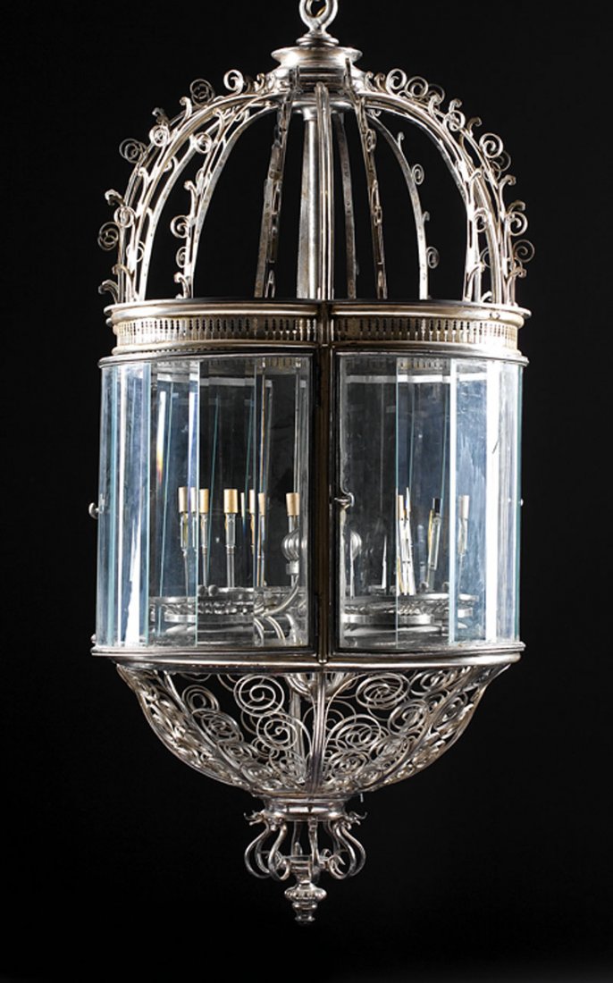 Venetian-Style Silverplate Hall Lantern: A Large Venetian-Style Silverplate Hall Lantern, domed openwork crest decorated with scrolls, quatrefoil shaped body with beveled glass panels enclosing four sets of electric candles, open scrollwork
