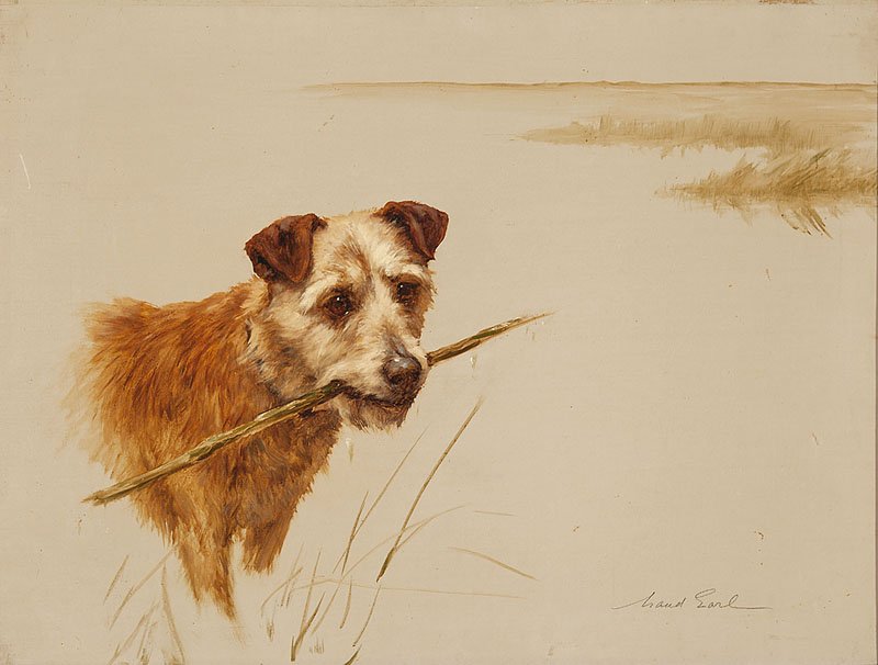 Maud Earl (British/American, 1864-1943): Maud Earl (British/American, 1864-1943), "Terrier Fetching a Stick", oil on canvas, signed lower right, 18 in. x 24 in., framed