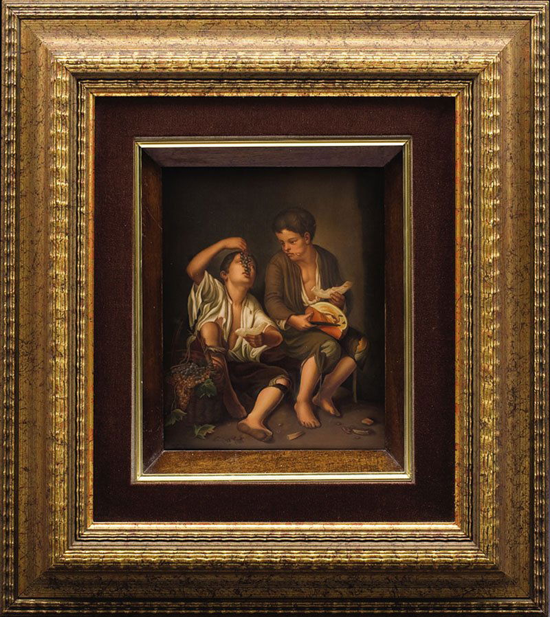 KPM Porcelain Plaque: A KPM Porcelain Plaque, "Beggar Boys Eating Grapes and Melons", after Bartolome Esteban Murillo (Spanish, 1617-1682), stamped KPM, sight 9 1/2 in. x 7 1/2 in., framed