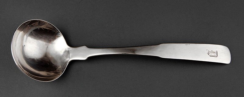 Ephraim Outen Coin Silver Ladle: A Kentucky Coin Silver Ladle, Ephraim Outten, Maysville, act. 1816-1825, marked "E OUTTEN" in rectangle, fiddle handle, length 13 1/2 in Reference: Boultinghouse, Marquis. Silversmiths of Kentucky, 17