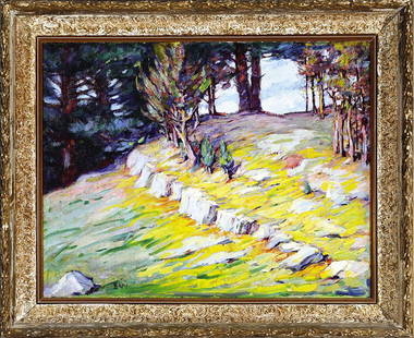 Ellsworth Woodward (American/New Orleans, 1861): Ellsworth Woodward (American/New Orleans, 1861-1939), "Rock Ribbed (New England)", c. 1927, oil on canvas, initialed lower left, titled and signed on stretcher, 17 in. x 21 3/4 in., antique frame. Pro