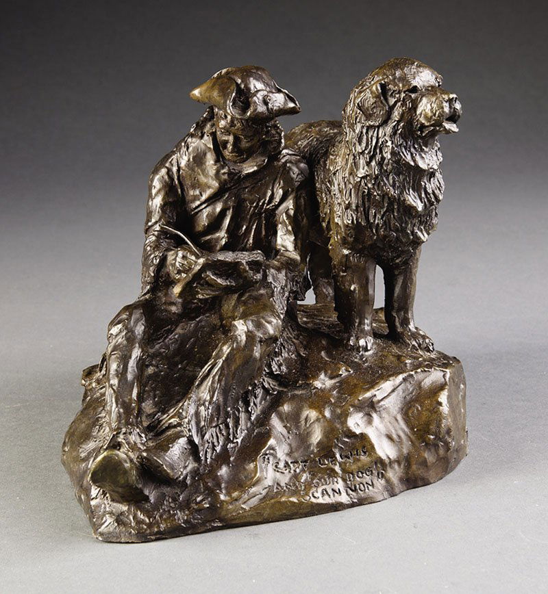 Robert "Bob" M. Scriver (American, 1914-1999): Robert "Bob" M. Scriver (American, 1914-1999), "Captain Meriwether Lewis and Our Dog Scannon", 1974, brown patina bronze, signed, titled, dated and numbered "144/150" along base, height 8 in. Provenan