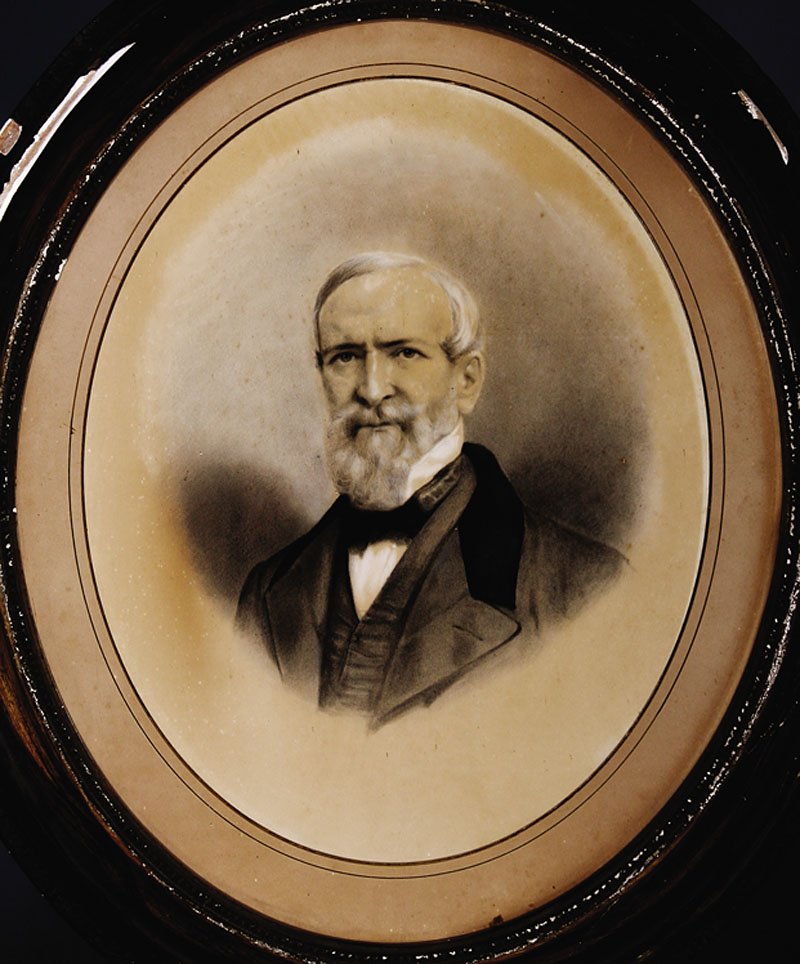 New Orleans School, 19th c: New Orleans School, 19th c., "Portrait of James Gallier", chalk, charcoal and gouache on paper, unsigned, sight 20 in. x 16 in. (tondo), in original oval frame Note: The drawing was illustrated in a c