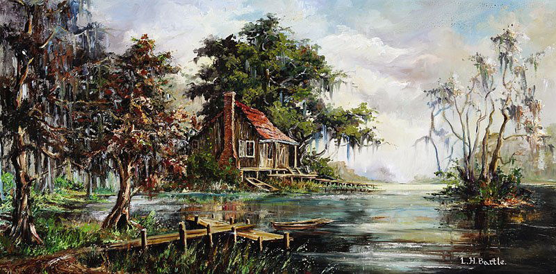 Lilian Hazel Westrop Bartle (British/Baton Rouge): Lilian Hazel Westrop Bartle (British/Baton Rouge, d. 2000), "Fishing Cabin in the Louisiana Bayou", oil on canvas, signed lower right, 15 in. x 30 in., framed