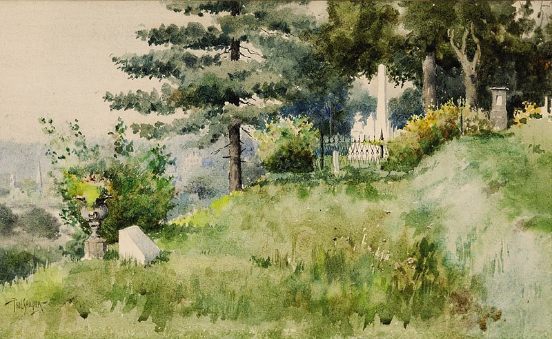Paul Sawyier (American/Kentucky, 1865-1917): Paul Sawyier (American/Kentucky, 1865-1917), "Longs to Sleep in the Forest Wild, whither hath Vanished Wife or Child", watercolor on paper, signed lower left, titled on label en verso, sight 7 1/2 in.