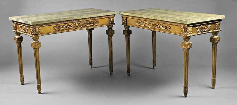 Neoclassical-Style Carved Giltwood Console Tables: A Pair of Neoclassical-Style Carved Giltwood Console Tables, with faux marbre top, paneled frieze with scrolled acanthus, rosette blocks, fluted legs, height 31 1/2 in., width 44 1/2 in., depth 22 in
