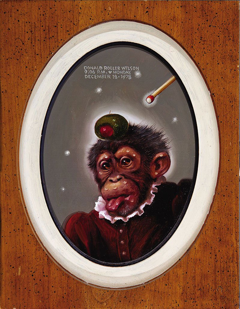 Donald Roller Wilson (American/Arkansas, b. 1938): Donald Roller Wilson (American/Arkansas, b. 1938), "Richard Wondered at the Tip of the Glowing Unlit Match", 1978, oil on masonite, signed and dated upper center, "Moody Gallery, Houston, Texas" and a