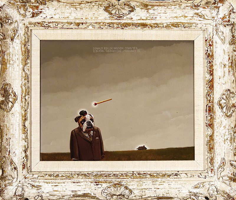 Donald Roller Wilson (American/Arkansas, b. 1938): Donald Roller Wilson (American/Arkansas, b. 1938), "Bull Dog in a Suit", 1980, oil on canvas, signed and dated upper center, 11 in. x 13 3/4 in., framed