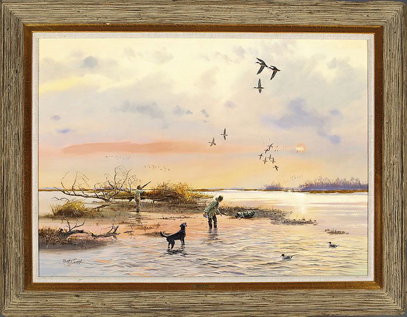 Brett James Smith (American, b. 1958): Brett James Smith (American, b. 1958), "Duck Hunting", 1987, oil on masonite, signed and dated lower left, 27 in. x 37 in., framed