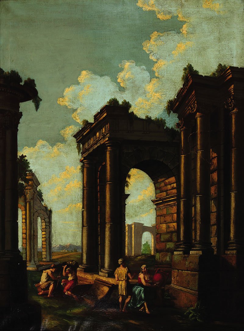 Continental School, mid-19th c: Continental School, mid-19th c., "Rustic Figures amid Ruins", oil on canvas, unsigned, 43 in. x 32 in., framed