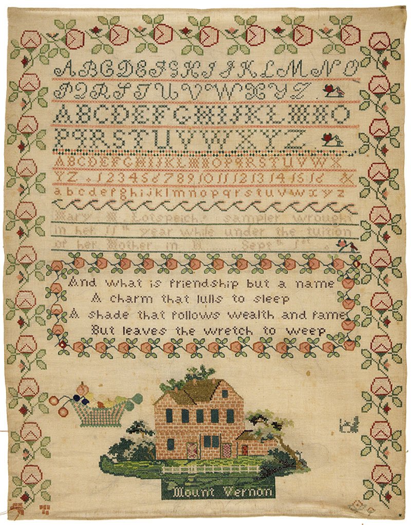 Kentucky Sampler by Mary Lotspeich (b. 1828): A Kentucky Sampler by Mary Lotspeich (b. 1828 Christian Co., KY - d. 1908 Amite, LA), with a rendition of Mount Vernon at the bottom, c.1839, 25 1/4 in. x 19 1/4 in., unframed. Provenance: Descended i