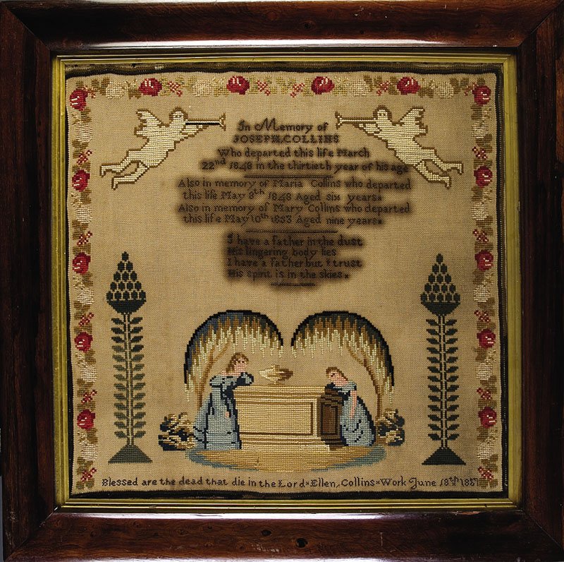 American Cross-Stitch Memento Mori Sampler: An American Cross-Stitch Memento Mori Sampler, memorial verse flanked by trumpeting angels above mourners at a tomb, signed "Ellen Collins, June 18, 1857", rosewood frame height 31 1/2 in., width 31 1