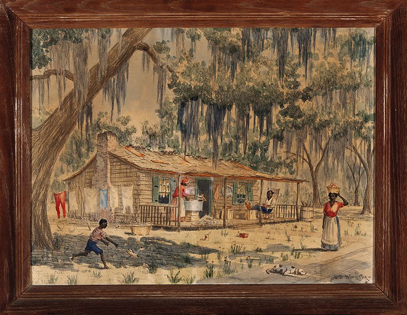 Edgar Leslie Bloomster (American, 1895-1968): Edgar Leslie Bloomster (American, 1895-1968), "Southern Cabin Scene: Wash Day", watercolor and graphite enhanced lithograph, signed lower right, 18 in. x 24 in., framed
