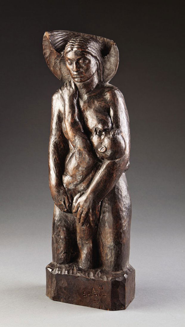 Enrique Alferez (Mexico/New Orleans, 1901-1999): Enrique Alferez (Mexico/New Orleans, 1901-1999), "Luna and her Child", 1940, carved wood relief sculpture, incised signature, date and star monogram on base, height 23 in., width 8 in., depth 3 1/2 in