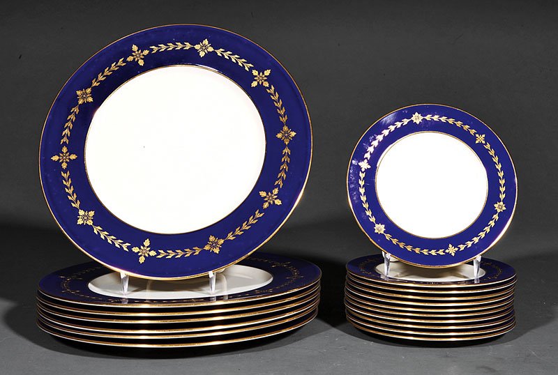 Collection of Lenox Porcelain Lunch & Dinnerware: An Assembled Collection of Lenox Porcelain Luncheon and Dinnerware, including 7 cobalt and gilt dinner plates, diameter 10 1/2 in.; 11 matching bread plates, diameter 6 1/8 in.; 8 luncheon plates in t