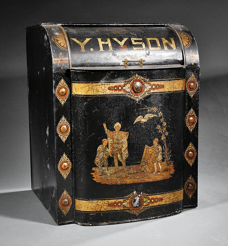 Tole Peinte Tea Canister "Y Hyson": An Antique Tole Peinte Tea Canister, c. 1868, marked "Y. Hyson", chinoiserie decoration, stenciled "Am. Can Co. 70a", height 23 1/4 in., width 15 in