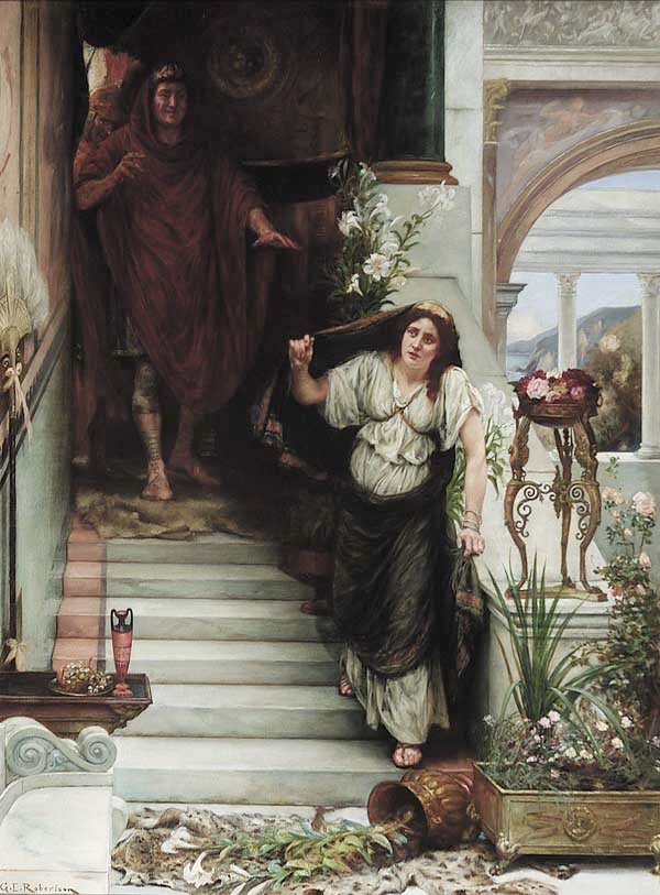 George Edward Robertson (British, b. 1: George Edward Robertson (British, b. 1864) , "An Unannounced Visitor", oil on canvas, signed lower left, 27 1/4 in. x 20 in., in a period giltwood frame