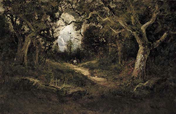 William Keith (Scottish/American, 1839: William Keith (Scottish/American, 1839-1911) , "Palo Alto Oaks at Stanford, California", oil on canvas, signed lower right, 30 in. x 46 in. See Note on disc