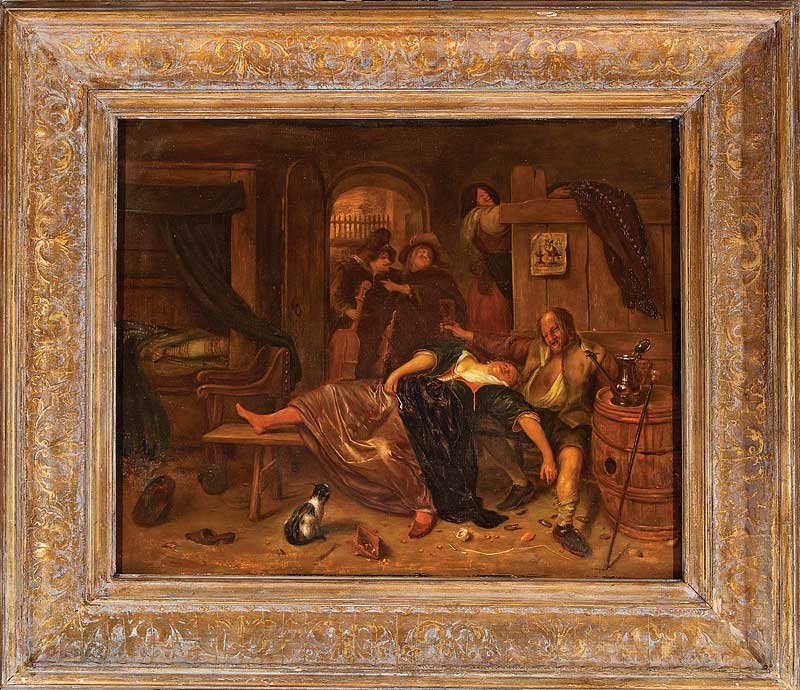 Continental School, 17th/18th c: Continental School, 17th/18th c., "A Brothel Scene", in the manner of Jan Steen (Dutch, 1626-1679), oil on cradled wood panel, unsigned, 20 1/2 in. x 25 1/4 in., framed