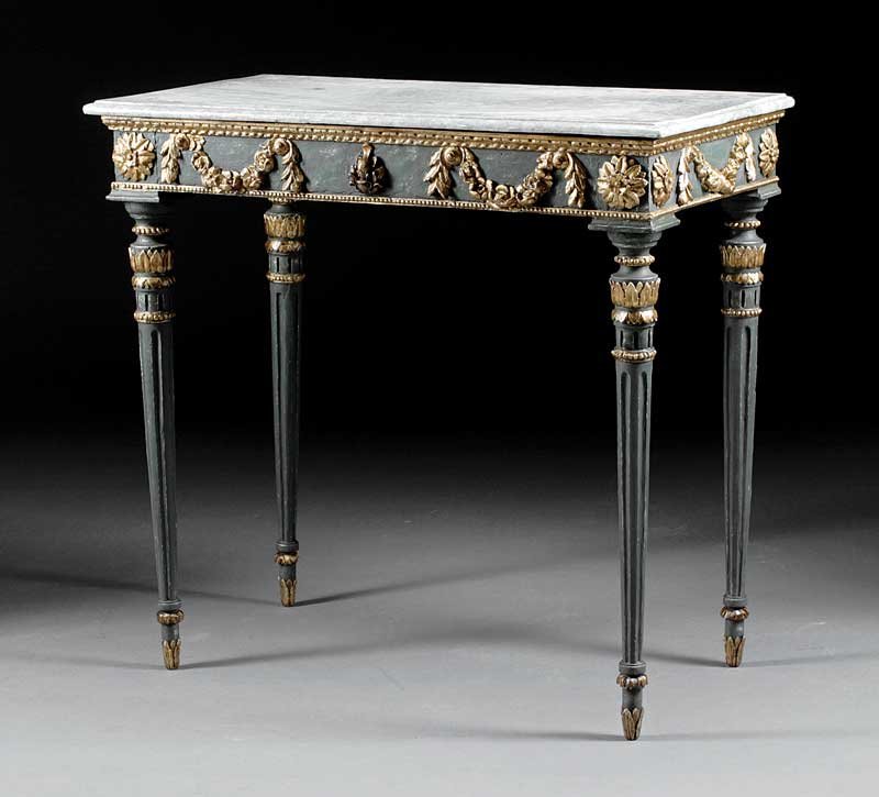 Louis XVI-Style Painted and Gilded Side Table: An Antique French Louis XVI-Style Painted and Gilded Side Table, rectangular marble top, swag and rosette frieze, leaf carved, fluted tapered legs, height 34 in., width 35 1/2 in., depth 19 1/2 in