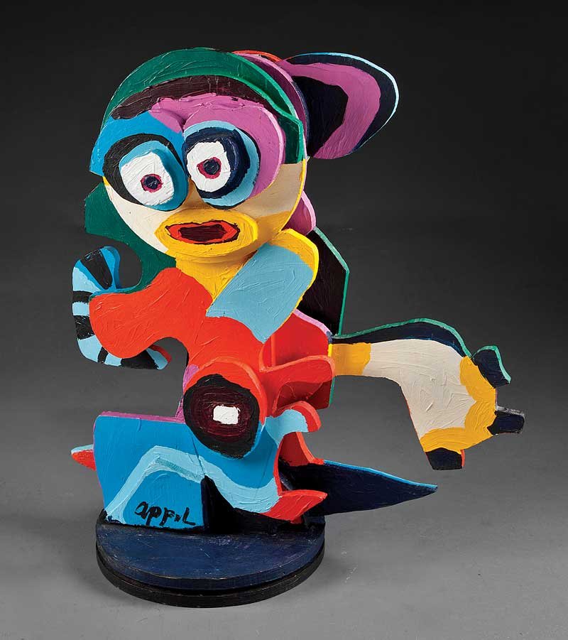 Karel Appel (Dutch/American, 1921-2006): Karel Appel (Dutch/American, 1921-2006), "Close Together", 1977, painted wood, signed, numbered 6/50 on underside, pub. by Editions Press, San Francisco, with label on underside of base, height 30 in.