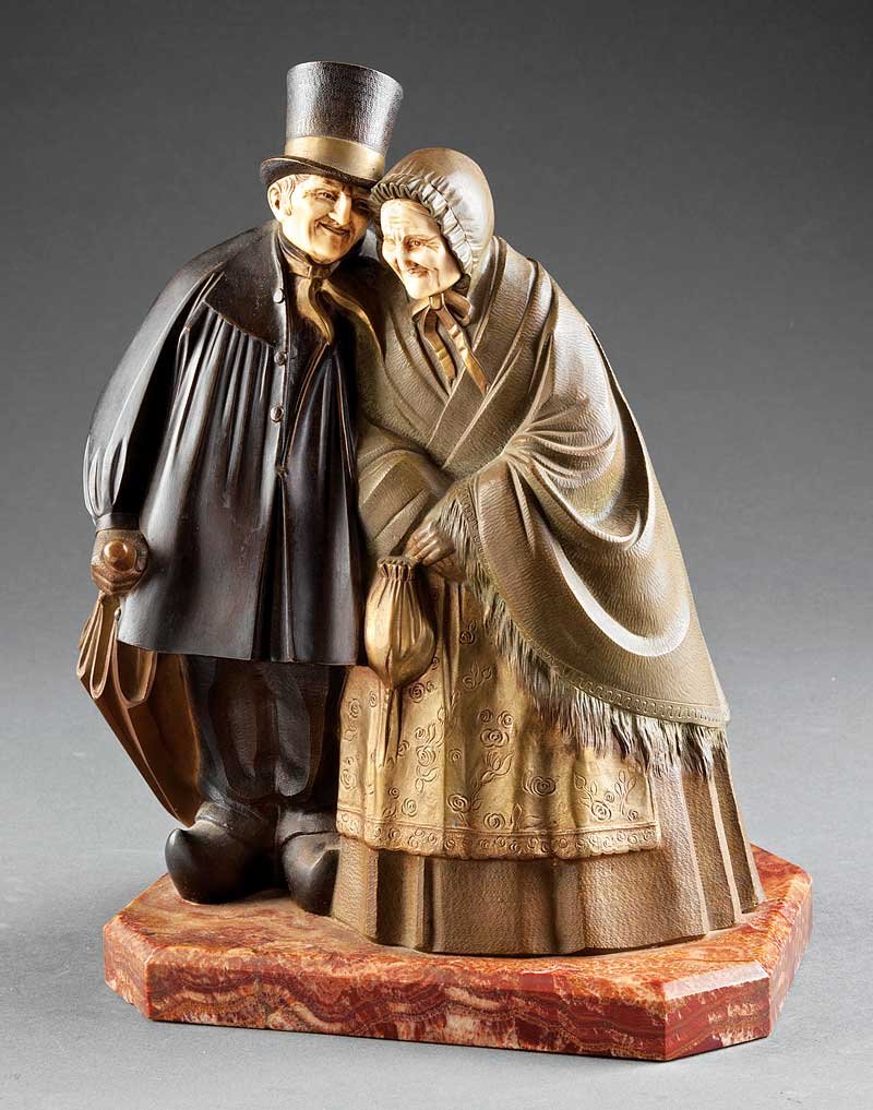 André Vincent Becquerel (French, 1893-1981): André Vincent Becquerel (French, 1893-1981), "Golden Wedding", patinated bronze and ivory, signed "A. Becquerel" on marble base, 15 x 11 5/8