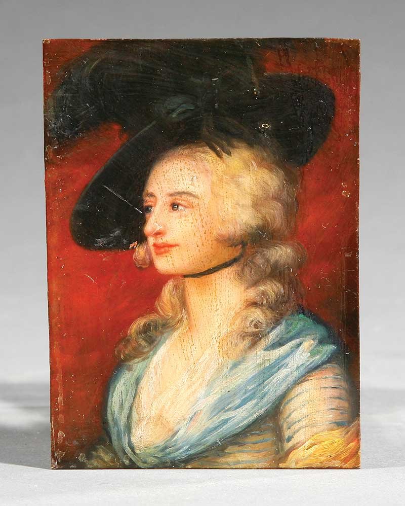 British School, late 18th/early 19th c: British School, late 18th/early 19th c., three portrait miniatures of fashionable ladies, one after Sir Joshua Reynolds (English, 1723-1792), oil on thin copper sheets, 4 1/4 in. x 3 in., in loose mat