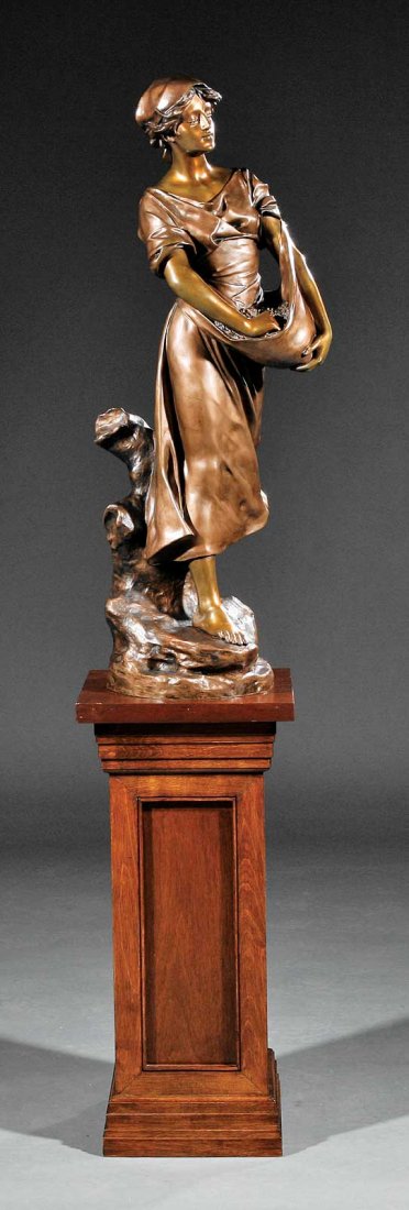 After Édouard Drouot (French, 1859-1945): After Édouard Drouot (French, 1859-1945), "La Semeuse", bronze mounted on wood pedestal, cast signature on reverse, overall height 66 1/2 in., width 13 1/4 in