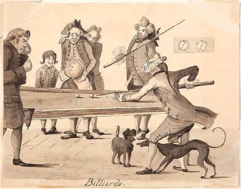 Attributed to Henry William Bunbury (British): Attributed to Henry William Bunbury (British, 1750-1811), "Billiards", c. 1780, ink wash on paper, perhaps the original design for a stipple engraving published by Watson and Dickenson, London, 8 3/4 