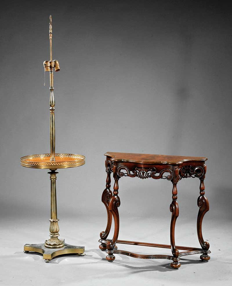 Figured Walnut Serpentine Side Table: A Small Figured Walnut Serpentine Side Table, c. 1920; together with a Regency-style brass and mahogany floor lamp, table height 24 3/4 in., width 25 1/2 in., depth 12 1/2 in.; lamp height 59 1/2 in.,
