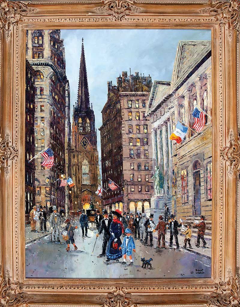 Robert Lebron (American/Florida, b. 1928): Robert Lebron (American/Florida, b. 1928), "Rare Wall Street Visitors", oil on canvas, signed lower right, artist stamp and title en verso, 40 in. x 30 in., framed. Provenance: Acquired from the artis