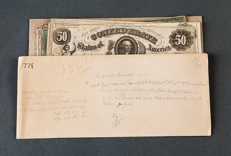 Thirty-Eight Confederate Currency Notes: Group of Thirty-Eight Confederate Currency Notes, incl: Type 8-10, 14, 16-18, 20, 21, 22 (counterfeit), 24, 25, 28-31 (2 Type 30s),33, 36, 37, 39, 39 (counterfeit), 40, 41, 44, 46, 52, 55, 57-59, 61, 