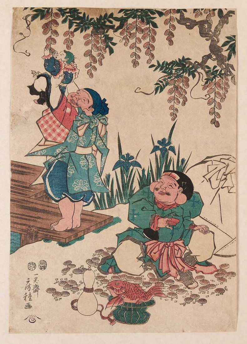 Utagawa Fusatane (Japanese, active 1849-1870): Utagawa Fusatane (Japanese, active 1849-1870), "Ebisn and Daikokn Frolicking", woodblock print, sheet 14 in. x 9 3/4 in., unframed