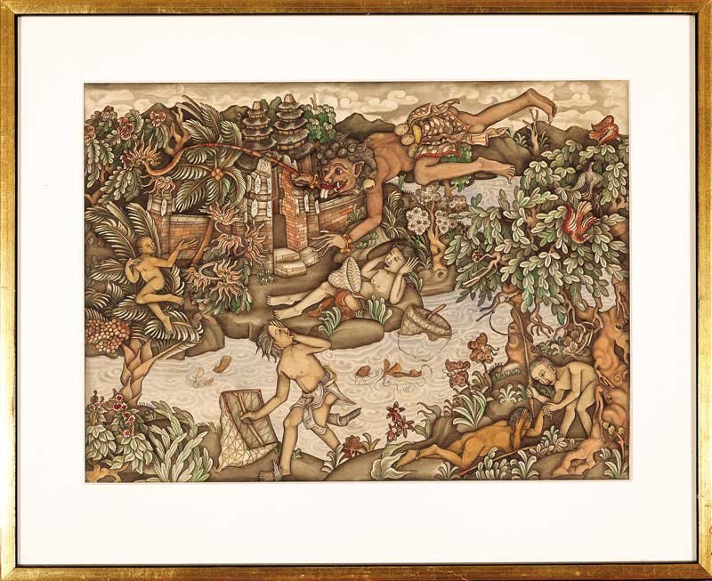 Indonesian School, 20th c: Indonesian School, 20th c., "Bali Life", three paintings, each ink and color on paper, sight 8 1/8 in. x 11 1/2 in. to 11 1/2 in. x 15 3/4 in., giltwood frames. (3 pcs.)