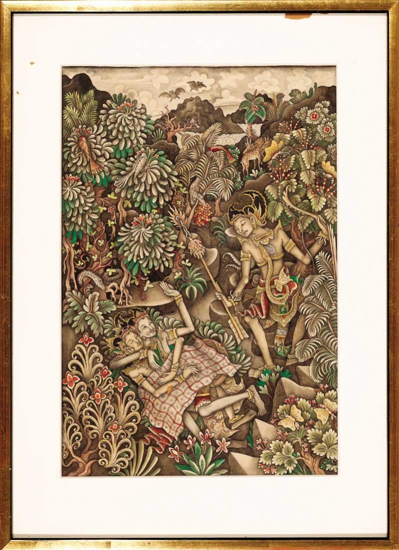 Indonesian School, 20th c: Indonesian School, 20th c., "Bali Dreams", three paintings, each ink and color on paper, one inscribed "MD. Djata. / Botuan" lower left, sight 10 7/8 in. x 7 3/4 in. to 15 3/4 in. x 10 1/2 in., giltwo