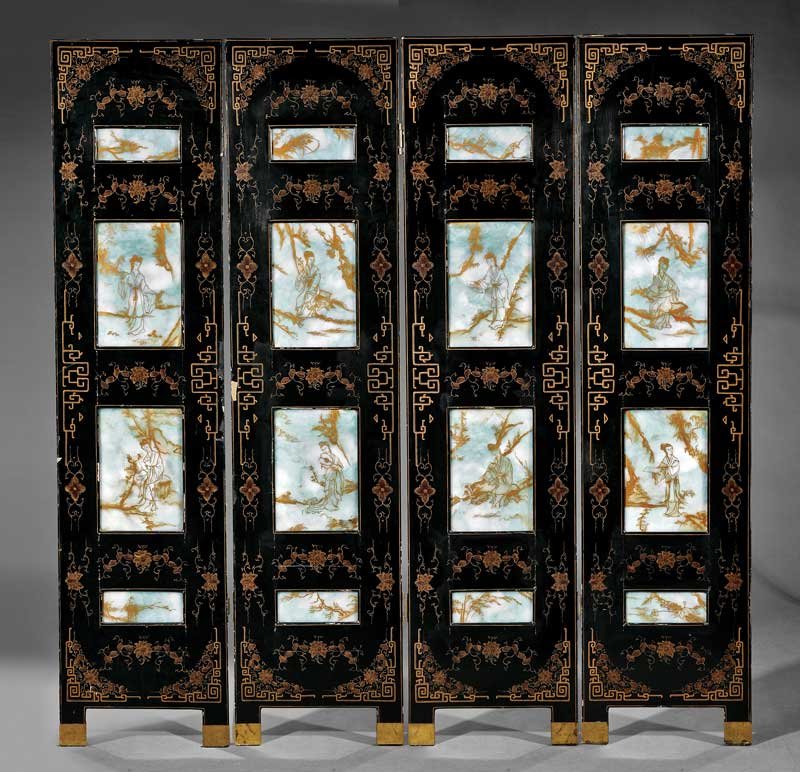 Chinese Jadeite Inset Black Lacquer Screen: A Fine Chinese Gilt-Decorated Jadeite Inset Black Lacquer Four-Panel Screen, probably early 20th c., each gilt-decorated black lacquer panel inset with four mottled green and white jadeite plaques, pa