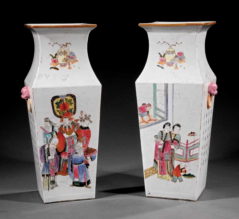 Pair of Chinese Famille Rose Porcelain Vases: A Pair of Chinese Famille Rose Porcelain Vases, probably 20th c., squared baluster bodies with lion's head handles decorated with alternating figural and calligraphic panels, bases with Daoguang marks