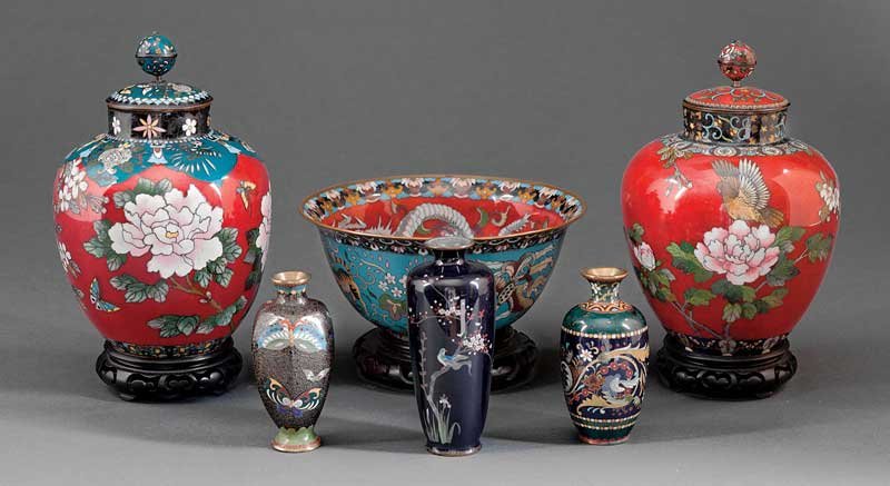 A Collection of Six Japanese Cloisonne Pieces: A Collection of Six Japanese Cloisonne Pieces, 20th c., including a pair of covered baluster jars, height 9 1/4 in., wood stands, overall height 10 1/2 in.; a bowl with flared rim, height 4 1/8 in., d