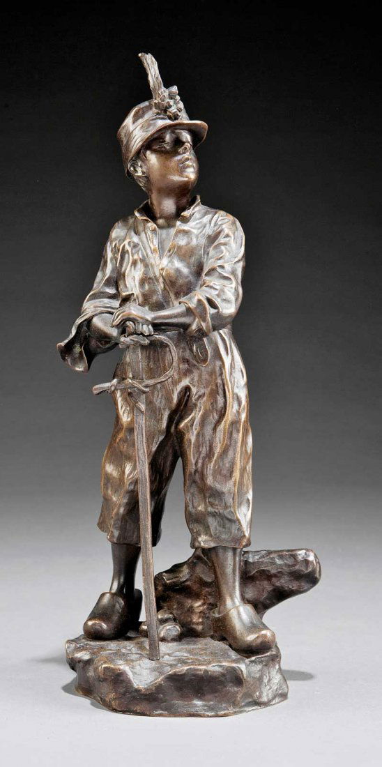 Continental Bronze Figure of an Artillery Boy: A Good Continental Bronze Figure of an Artillery Boy in Costume, early 20th c., from the Franco-Prussian War of 1871, after Jean Garnier (France, 1820-1895), inscribed "J. Garnier" on base, height 13