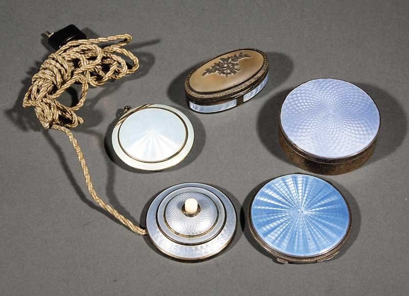 Guilloche Enamel Objects in shades of Sky Blue: A Group of Guilloche Enamel Objects in Shades of Sky Blue, including a sterling silver and celluloid bell-push; a Continental .935 silver oval pillbox, frosted crystal lid with marcasite accents; unma
