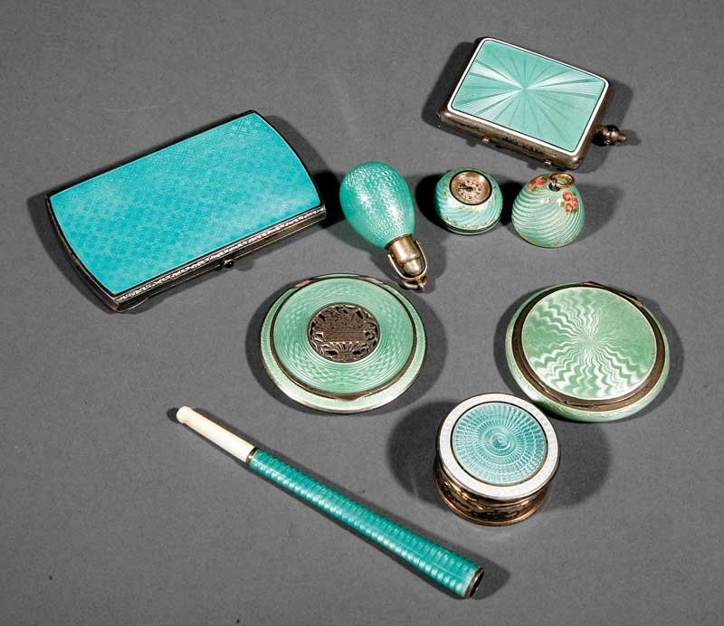Guilloche Enamel Objects in shades of Aqua: A Group of Antique and Vintage Guilloche Enamel Objects in Shades of Aqua, including a Continental silver rectangular powder and rouge compact, provenance Marche aux Rives, Paris; an unmarked cigarett