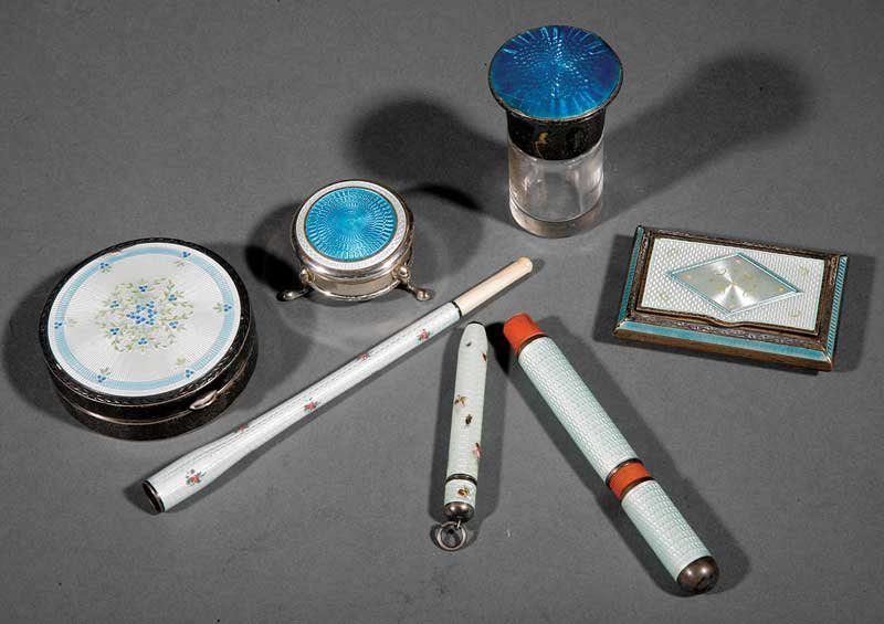 Guilloche Enamel Objects Shades of Blue & Green: A Group of Guilloche Enamel Objects in Shades of Blue and Green, including an Edwardian sterling silver and glass scent/cosmetic jar, Henry Clifford Davis, Birmingham, 1912; an Edwardian sterling silv