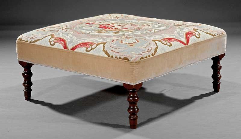 A Needlepoint and Mahogany Bench: A Large Needlepoint and Mahogany Bench, late 19th c., square upholstered seat, turned legs, height 16 in., width 34 in., depth 34 in