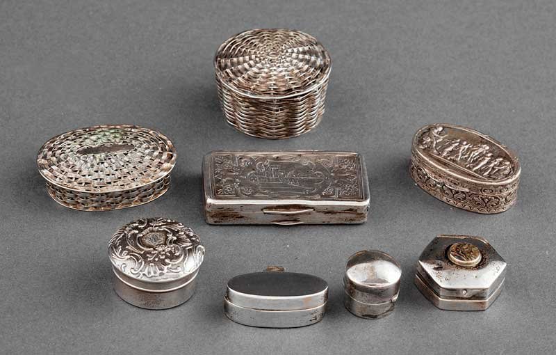 A Group of Seven Silver Pill Boxes: A Group of Seven Silver Pill Boxes, including one English, Birmingham, 1900, maker J.C.F. untraced; one round, one oval and one rectangular French example; one circular basketweave by Los Ballesteros,